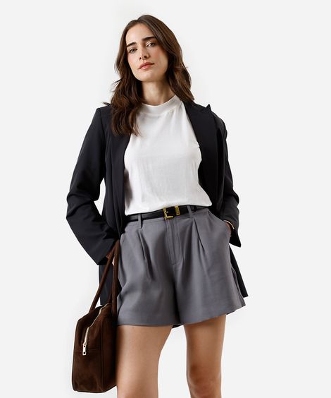 short feminino de viscose alfaiataria cintura alta com elástico cinza