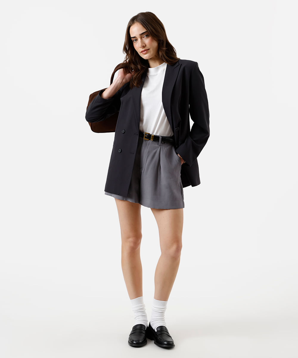 short feminino de viscose alfaiataria cintura alta com elástico cinza