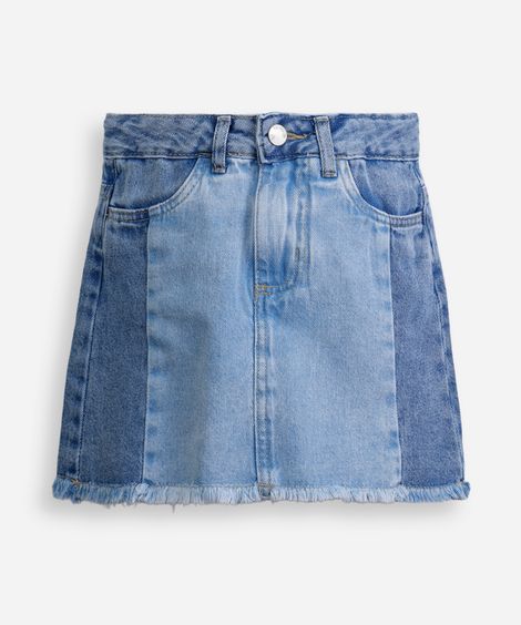 saia curta infantil jeans com recortes e barra desfiada azul