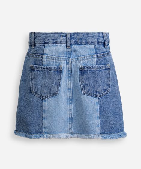 saia curta infantil jeans com recortes e barra desfiada azul