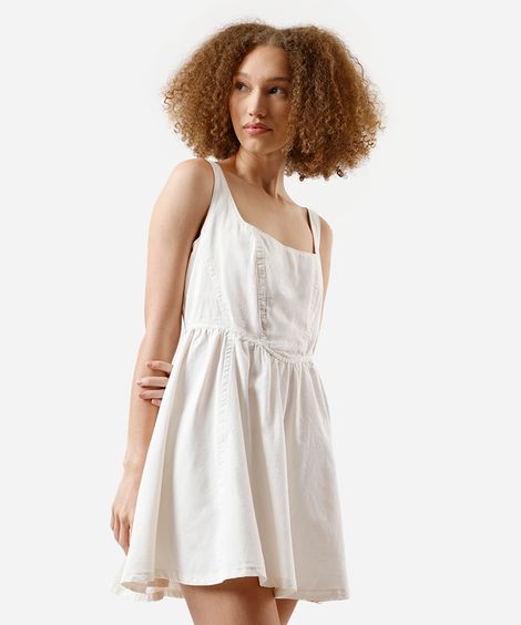 vestido curto feminino godê de sarja com recortes off white