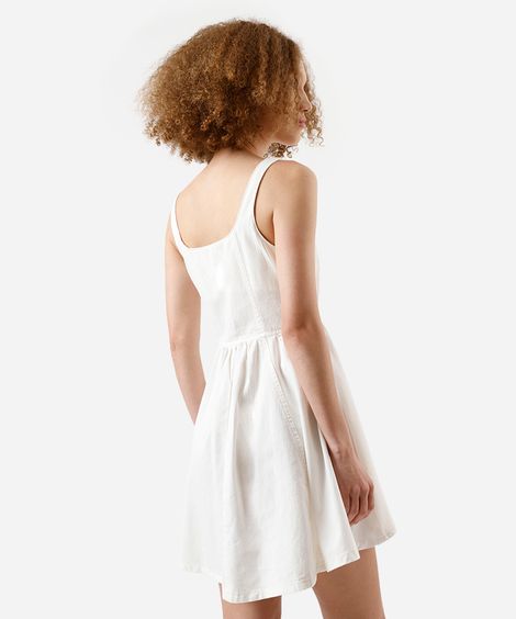 vestido curto feminino godê de sarja com recortes off white