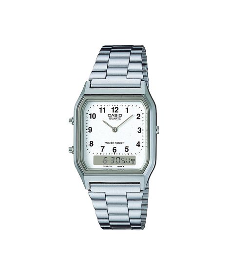 relógio unissex casio analógico digital aq 230a 7bmq prateado