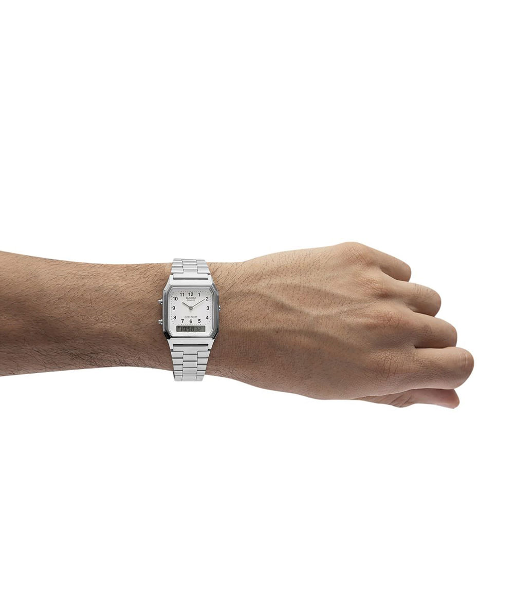 relógio unissex casio analógico digital aq 230a 7bmq prateado