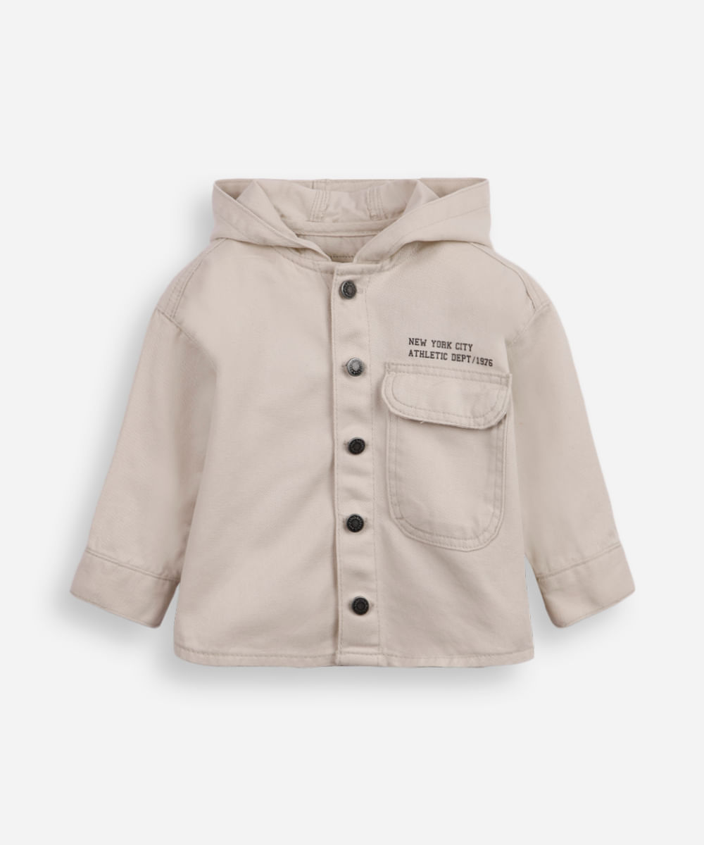 camisa infantil de sarja com capuz e bolso bege