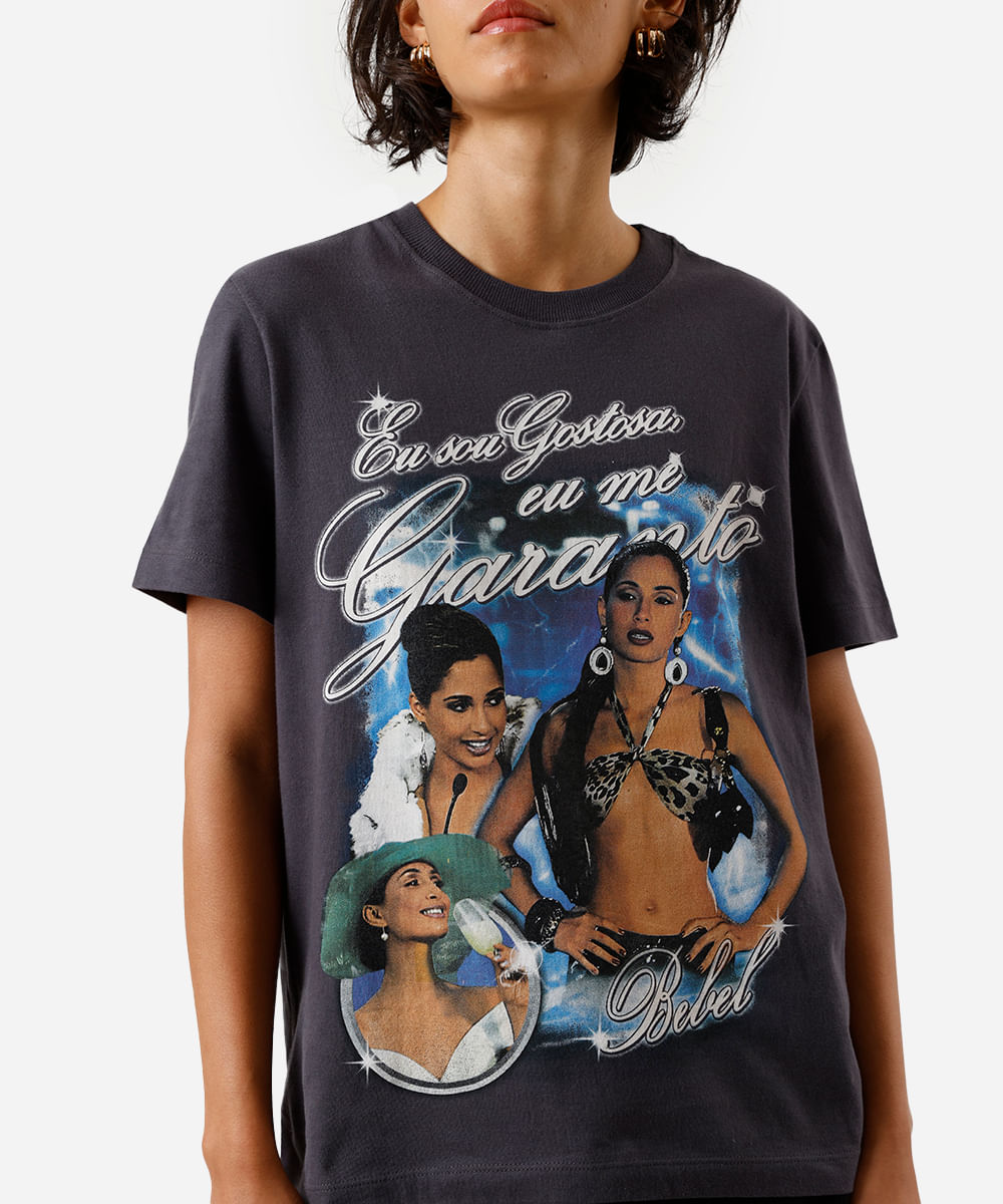 camiseta feminina de algodão bebel paraíso tropical cinza