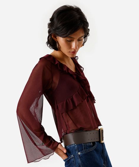 bata feminina de tule com babados vinho