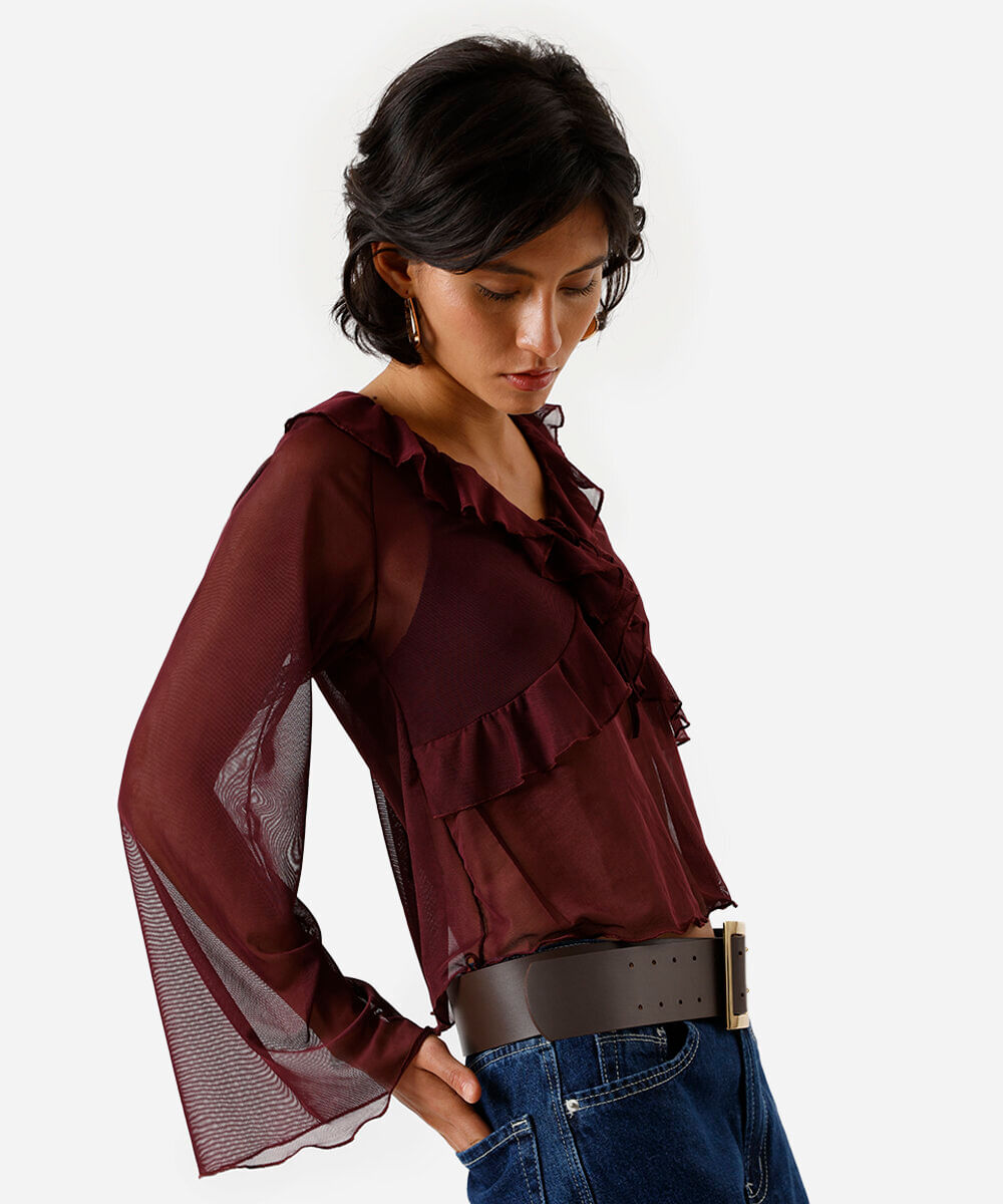 bata feminina de tule com babados vinho