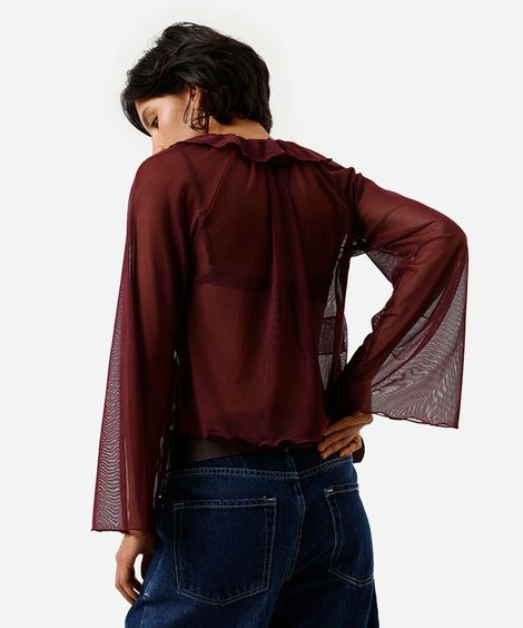 bata feminina de tule com babados vinho