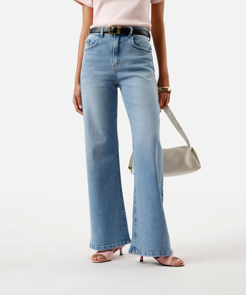 calça wide leg feminina cintura alta jeans azul