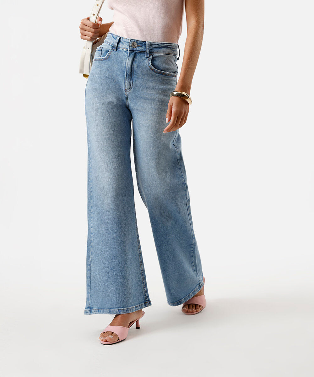calça wide leg feminina cintura alta jeans azul