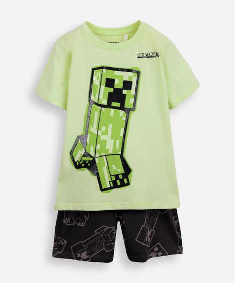 pijama curto infantil de algodão minecraft verde