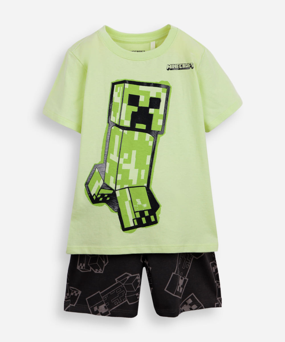 pijama curto infantil de algodão minecraft verde