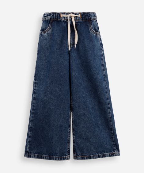 calça wide leg infantil jeans cós elástico azul