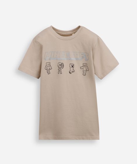 camiseta infantil de algodão minecraft bege