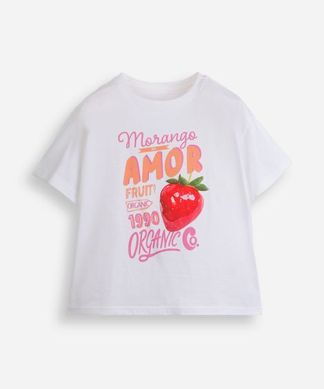 camiseta infantil de algodão morango do amor off white