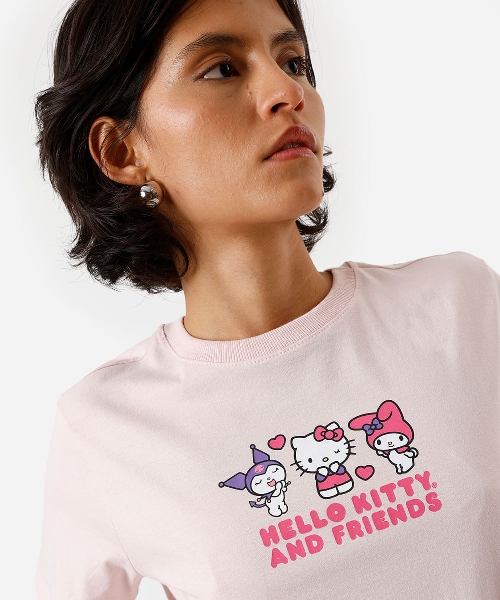 camiseta feminina de algodão hello kitty rosa