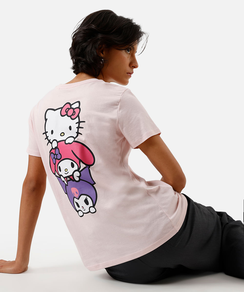 camiseta feminina de algodão hello kitty rosa