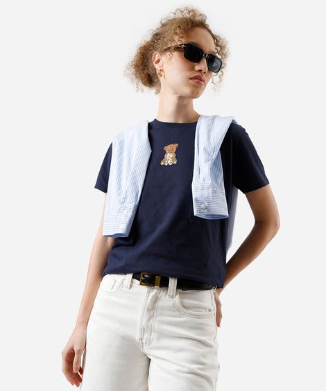 camiseta feminina de algodão ursinhos azul