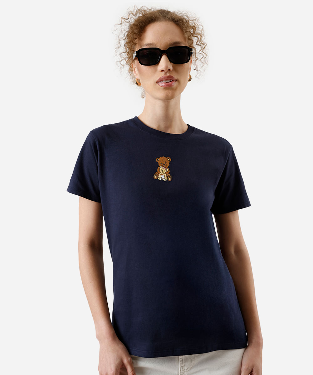 camiseta feminina de algodão ursinhos azul