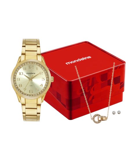 kit relógio feminino mondaine analógico 99764lpmvde2kc dourado