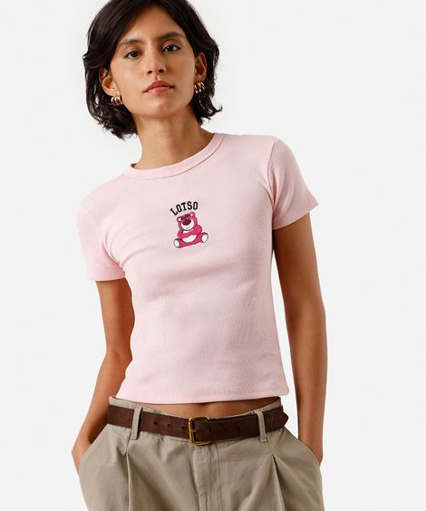 blusa baby look feminina de algodão com bordado toy story rosa