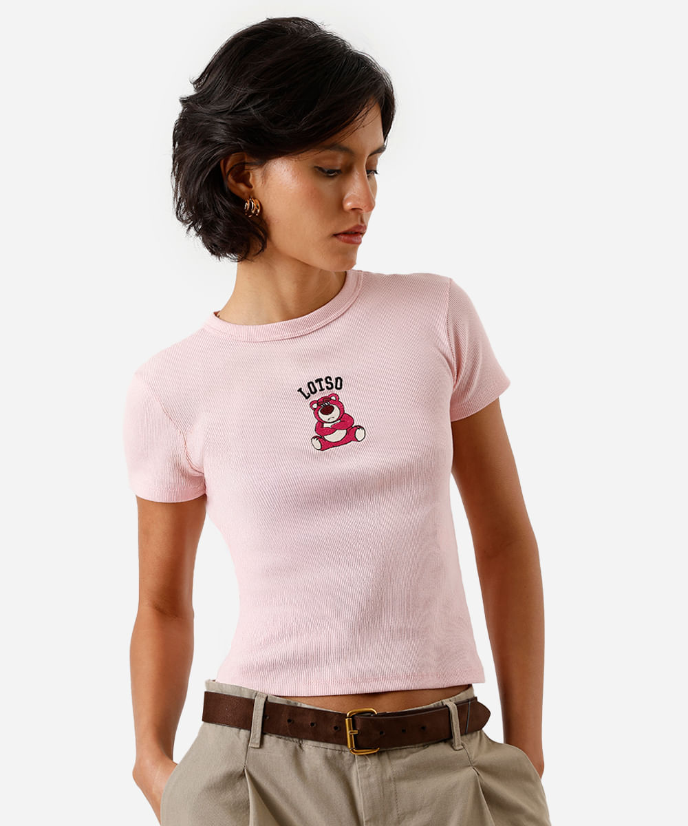 blusa baby look feminina de algodão com bordado toy story rosa