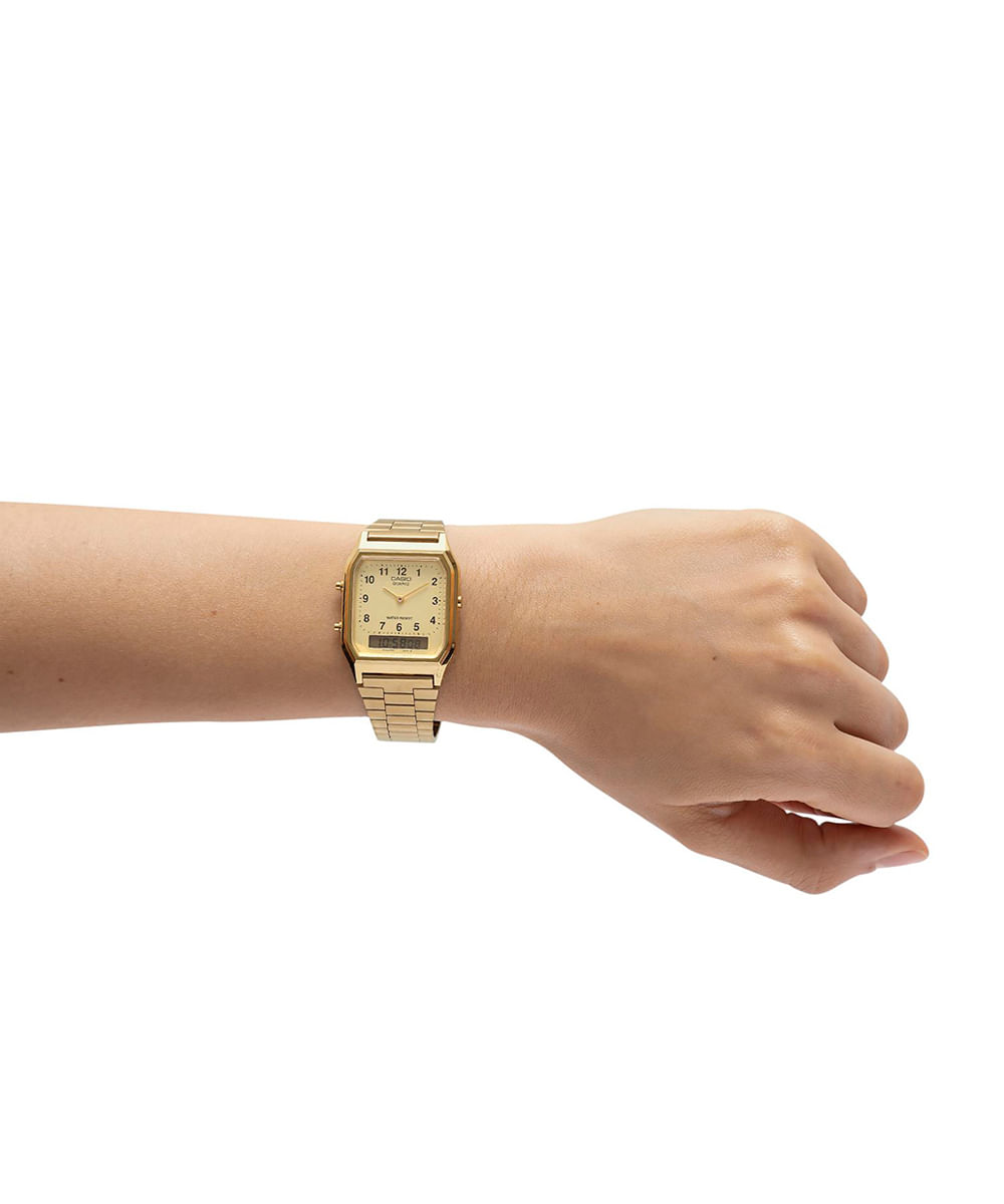 relógio unissex casio analógico digital aq 230ga 9bmq dourado