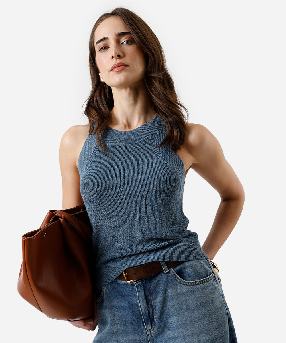 regata feminina de tricot halterneck metalizada azul