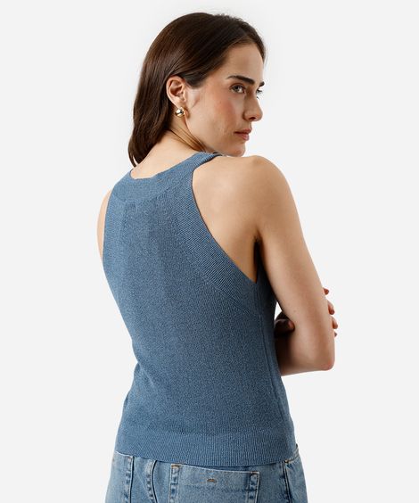 regata feminina de tricot halterneck metalizada azul