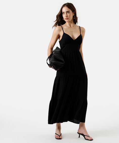 vestido midi feminino de viscose com recortes texturizado preto