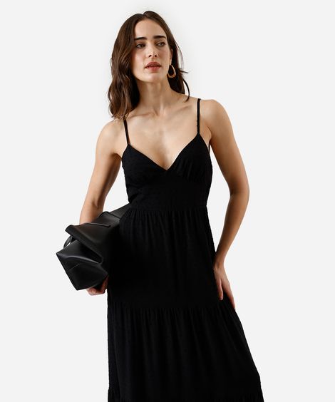 vestido midi feminino de viscose com recortes texturizado preto