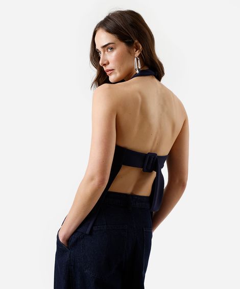 blusa frente única feminina com fivela texturizada azul