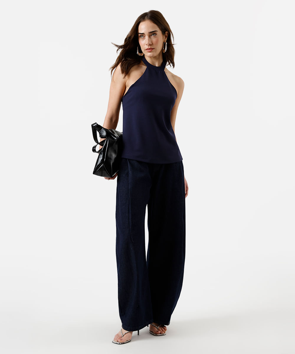 blusa frente única feminina com fivela texturizada azul