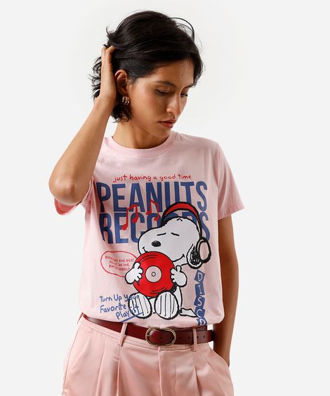 camiseta feminina de algodão snoopy rosa