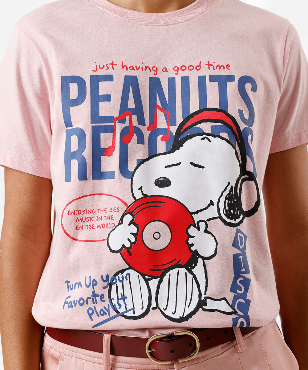 camiseta feminina de algodão snoopy rosa