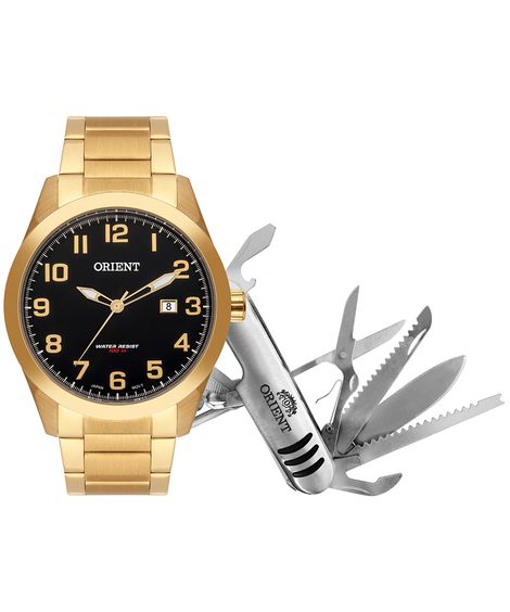 kit relógio masculino orient analógico calendário mgss1180 km44p2kx dourado