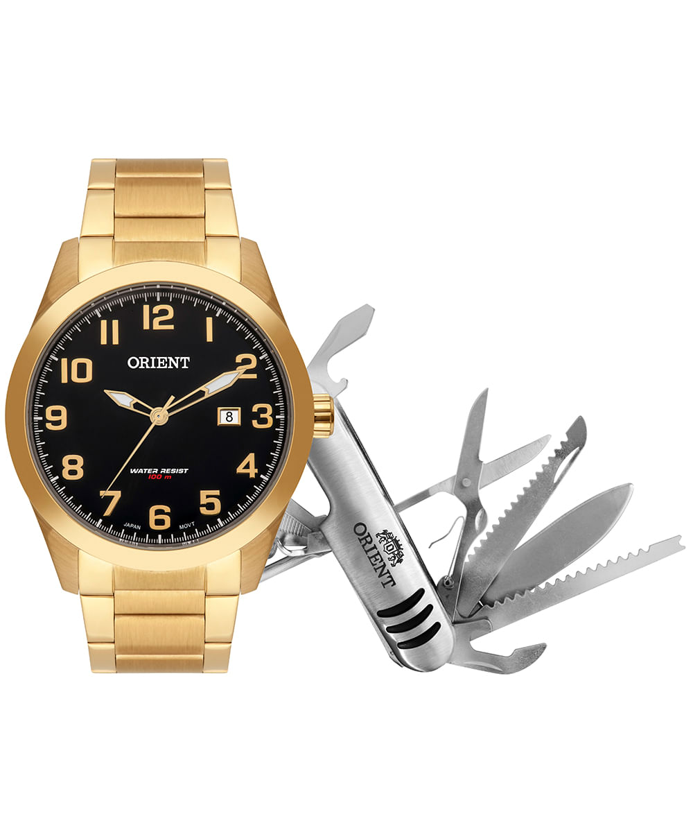kit relógio masculino orient analógico calendário mgss1180 km44p2kx dourado