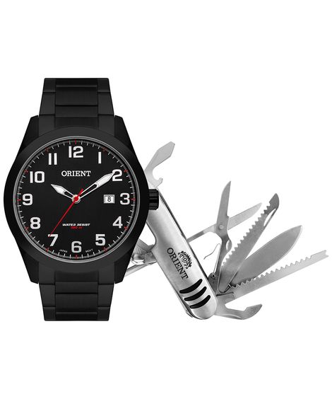 kit relógio masculino orient analógico calendário mpss1019 ka2ap2px preto