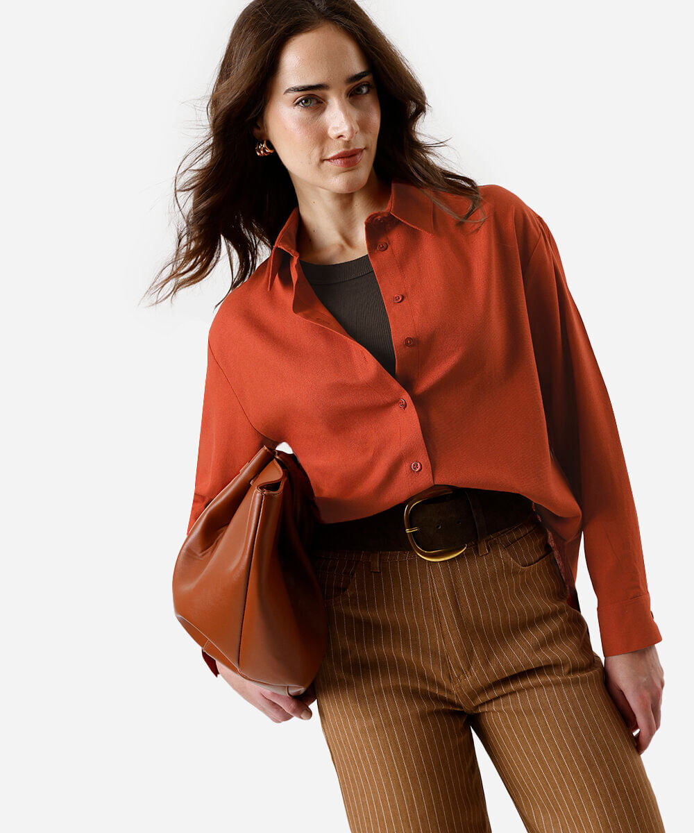 camisa feminina com linho manga longa oversized laranja