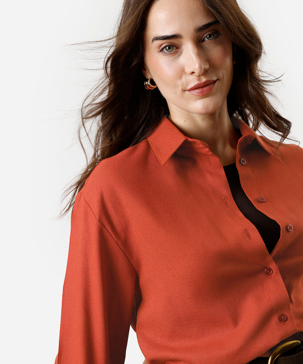 camisa feminina com linho manga longa oversized laranja