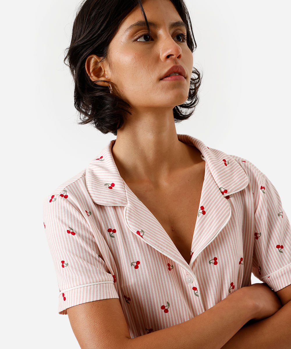pijama americano feminino de viscose listrado rosa