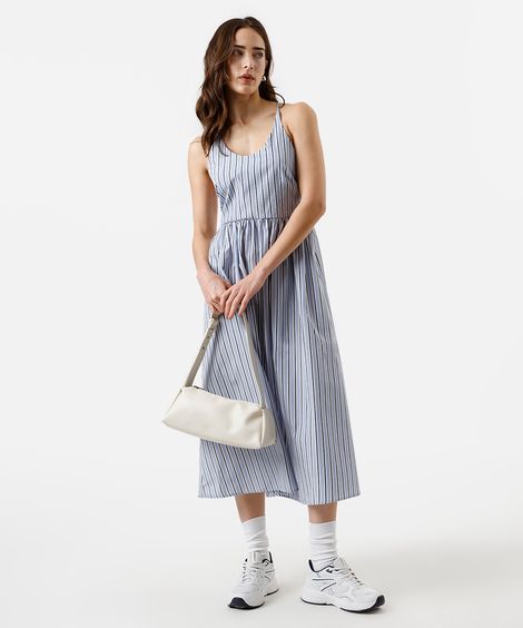 vestido midi feminino alça fina listrado off white