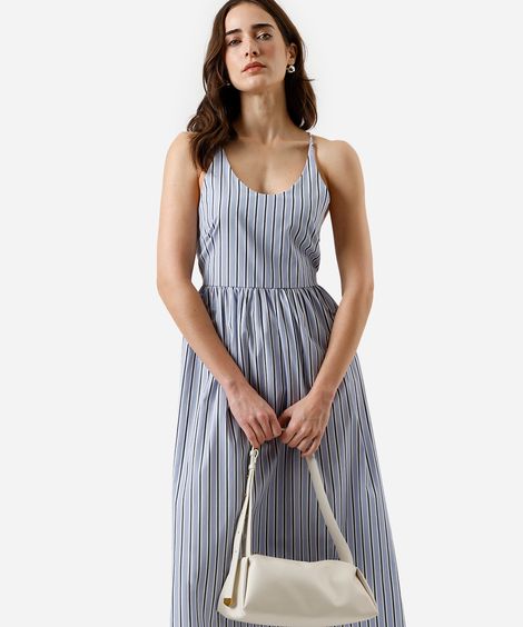 vestido midi feminino alça fina listrado off white