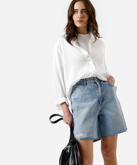 bermuda reta feminina jeans destroyed azul