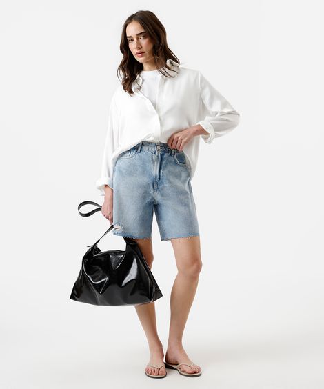 bermuda reta feminina jeans destroyed azul