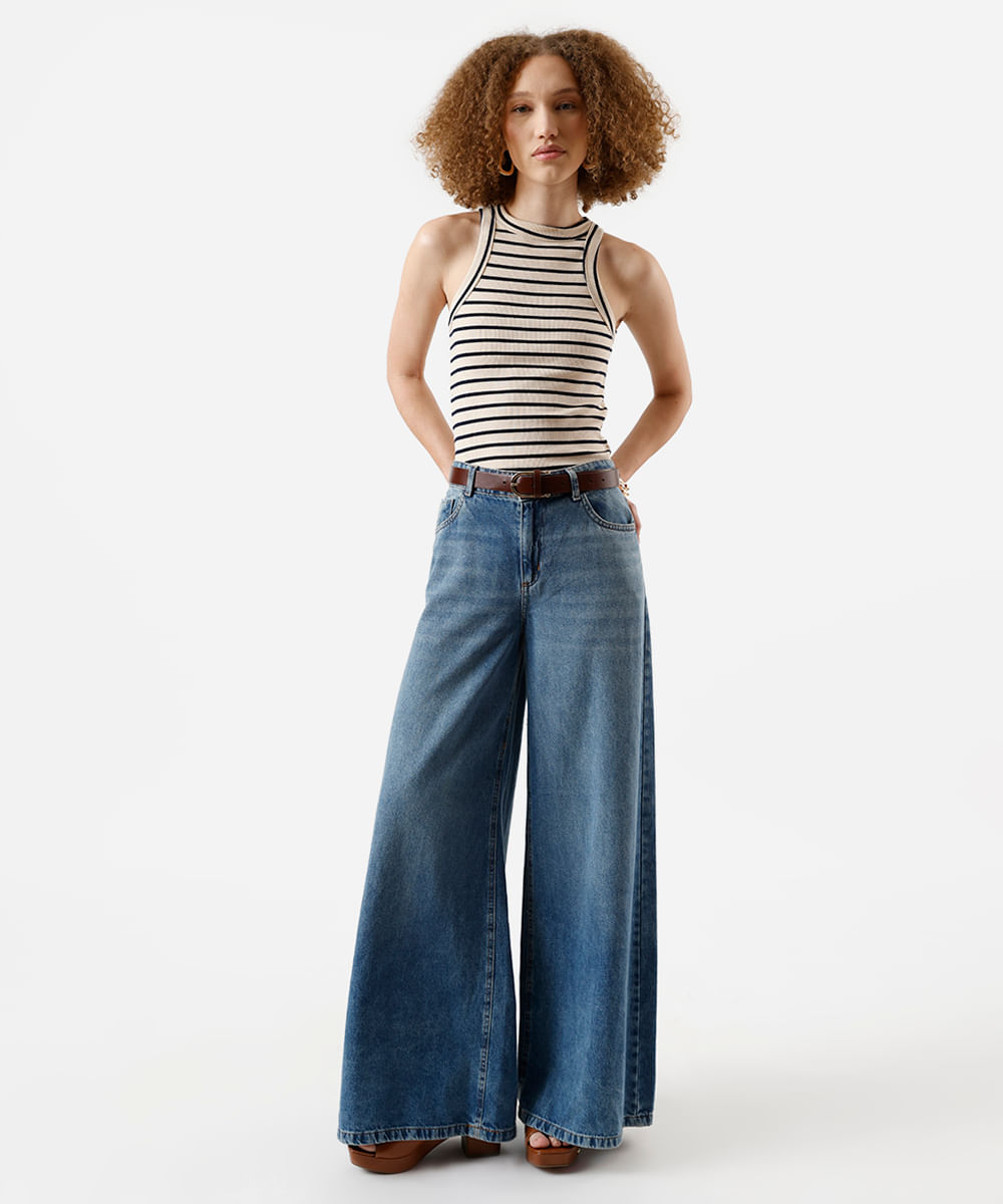 regata feminina de algodão halterneck alongada bege