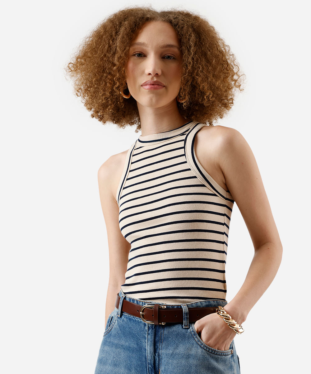 regata feminina de algodão halterneck alongada bege