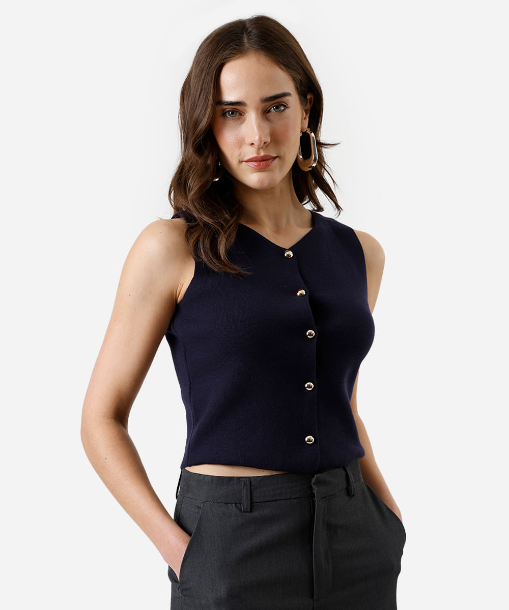 colete feminino de tricot com viscose azul