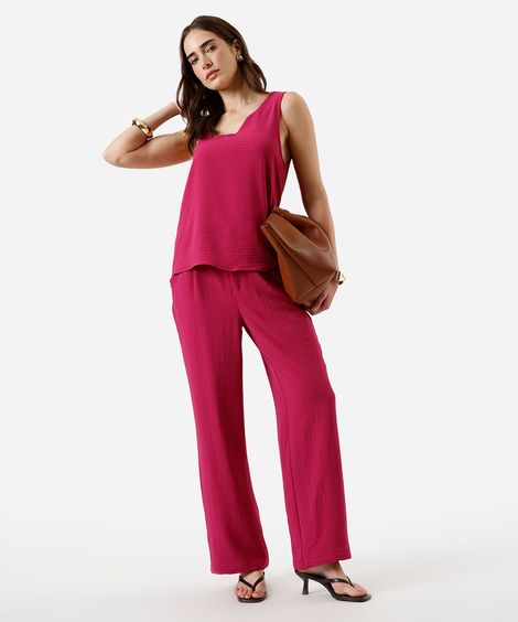 calça wide leg feminina cós elástico texturizada rosa